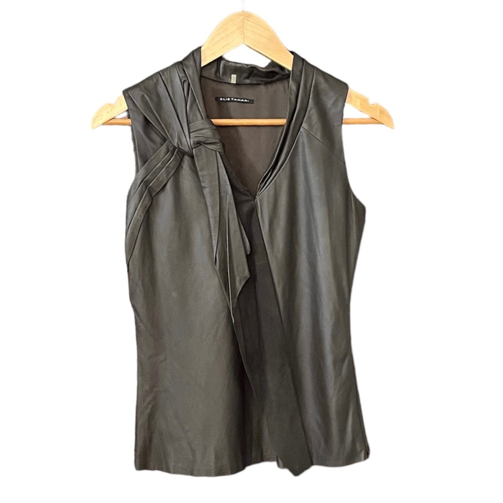 Elie Tahari Brown Pleated Knotted Sleeveless Leather Top Extra Small XS